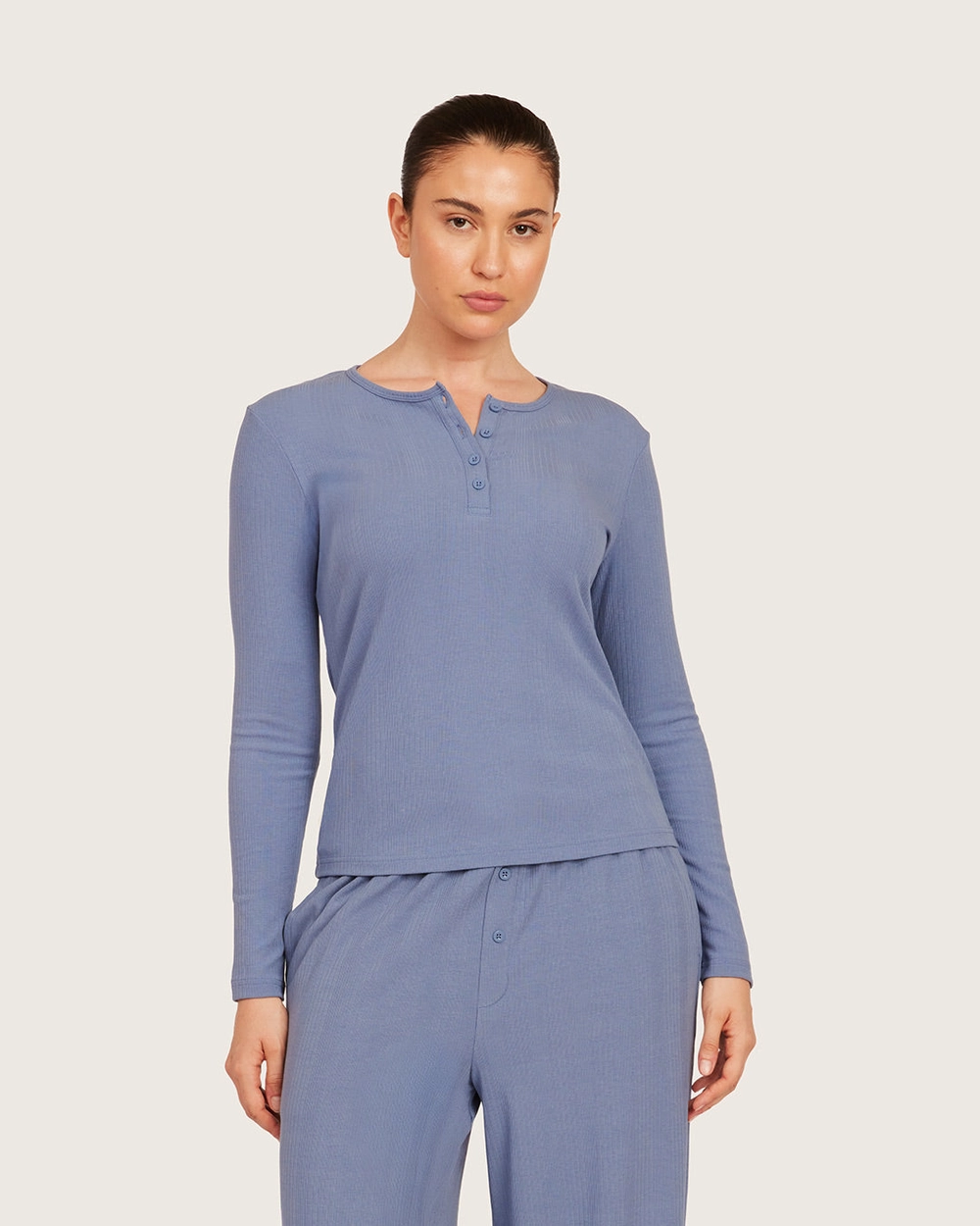 Long Sleeve Henley Top - Steel Blue